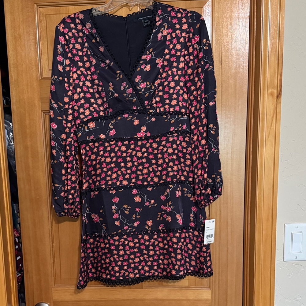 French Connection Black Dress with Orange and Red Floral Accents